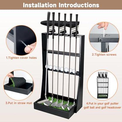 Golf Putter Stand, Golf Club Holder for 36 Balls Tray Storage & 6 Clubs & 3 Head Covers, Display Rack Organizer for Home Indoor Outdoor Office