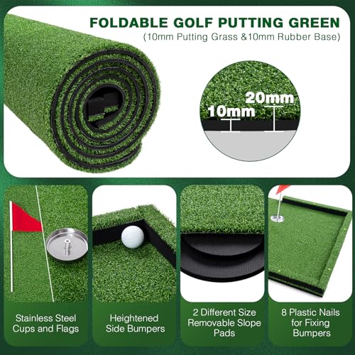 Wekin Golf Putting Green Mat Indoor,3x10ft Thickening Outdoor Portable Golf Game Set Training Turf with Side Border,Movable Cup for Home Backyard Office