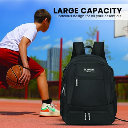 Basketball Backpack with Ball Holder & Shoe Compartment, Large Sports Bag for Men Women, Water Resistant Gym Backpack for Soccer, Football, Volleyball – Black