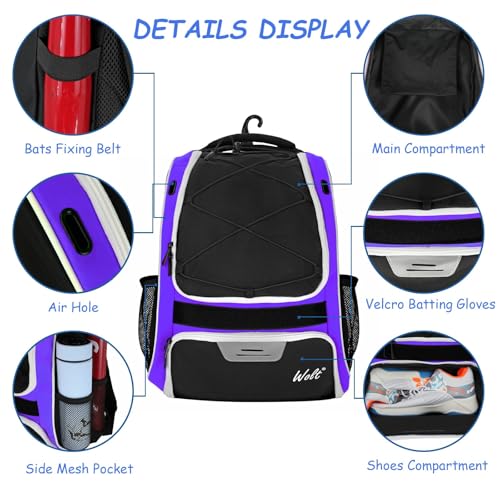 WOLT Youth Baseball Bag - Bat Backpack for Baseball, T-Ball & Softball Equipment & Gear, Bat & Glove Holder, Large Main Compartment for Helmet & accessories, Separate Shoes Compartment, Fence Hook - color: purple
