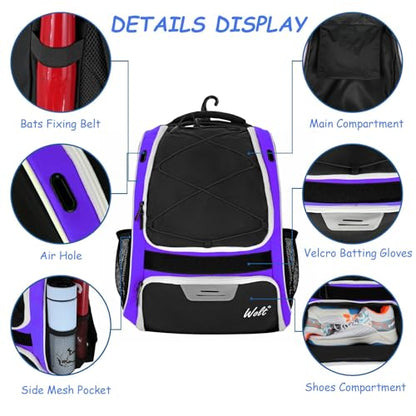 WOLT Youth Baseball Bag - Bat Backpack for Baseball, T-Ball & Softball Equipment & Gear, Bat & Glove Holder, Large Main Compartment for Helmet & accessories, Separate Shoes Compartment, Fence Hook - color: purple