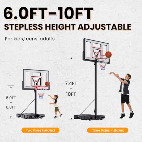 Portable Basketball Hoop 44” Backboard, 6–10FT Adjustable Outdoor Basketball Goal with Stable Fillable Base & Wheels, Shatterproof System for Kids, Teens & Adults - color: White
