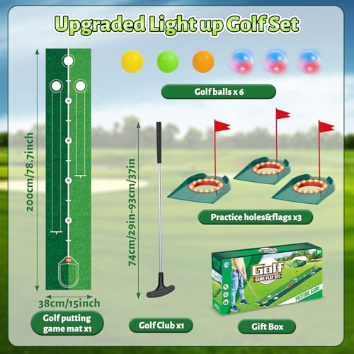 VATOS Golf Putting Set for Kids - Light up Golf Game Toys with Putting Mat, Putter, 3 Holes & 6 Balls (3 Glow), Indoor Outdoor Yard Golfs Game Sports Toys, Birthday Gifts for Boys Girls Kids 3-8