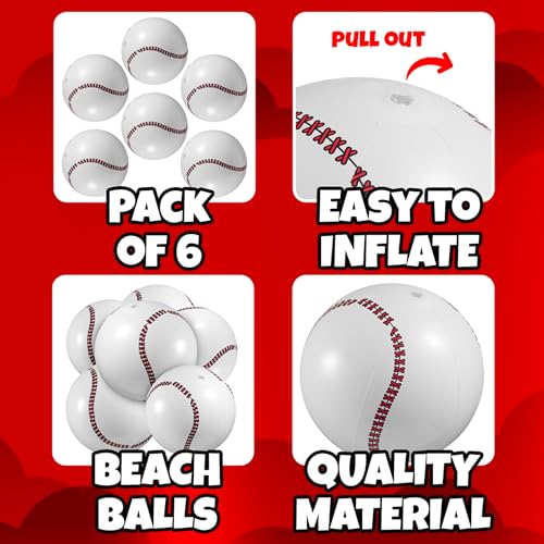 Inflatable Baseball Beach Balls (6 Pack) - 16-Inch Durable Beach Balls for Kids, Summer Pool Toys, Baseball Party Favors, Sports Theme Decorations, & Giveaways - style: 6-Pcs Baseball Beach Balls