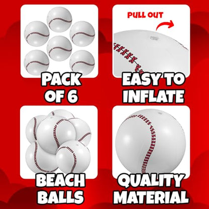 Inflatable Baseball Beach Balls (6 Pack) - 16-Inch Durable Beach Balls for Kids, Summer Pool Toys, Baseball Party Favors, Sports Theme Decorations, & Giveaways - style: 6-Pcs Baseball Beach Balls