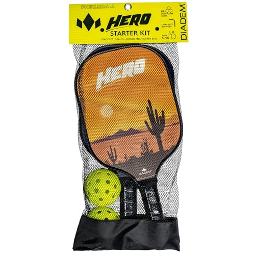 Diadem Hero V2 Complete Pickleball Starter Kit | 2 Lightweight Fiberglass Pickleball Paddles, 2 USAPA Approved Pickleballs & Mesh Carry Bag | Beginner-Friendly Wide Face & Durable Design