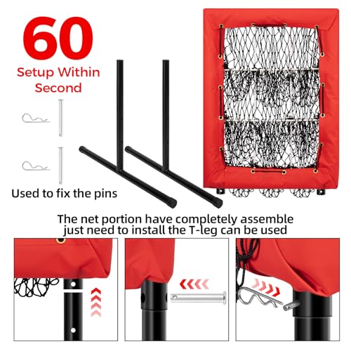 Heavy Duty 9 Hole Pitching Net with Strike Zone,9 Pocket Pitching Target Net of 4 Adjustable Heights (36-53in),Softball Pitching Net Fix by 8xspikes and 2xsandbags, Pitching Target Net for All Age
