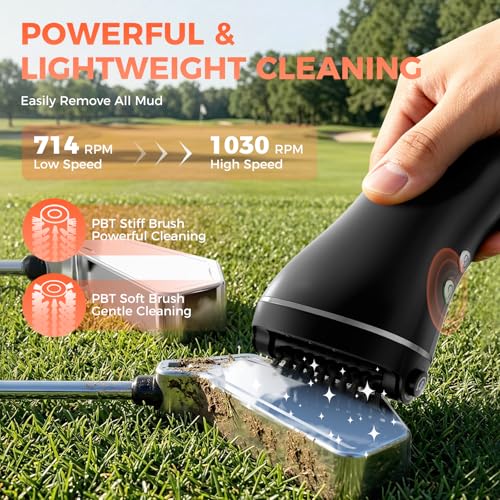 Electric Golf Club Brush Cleaner with Water - 1,030 RPM Brush for Effortless Cleaning - Holds 3.38 Oz Water - Golf Accessories Gift for Men Women, Only Black