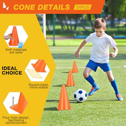 24pcs Cones 9 Inch Soccer Cones and Plastic Traffic Cones, Durable Cones for Sports Training, Ideal for Soccer, Basketball, Football, Skating, and Agility Drills Practice