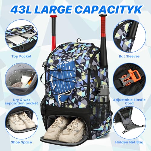 Softball Bag,Softball Bat Bag For Youth Adults,Baseball Bag with Fence Hook for TBall Bat & Equipment,Lightweight Baseball Bat Backpack with Shoe Compartment,Large Main Compartment for Helmet - color: Blue camouflage