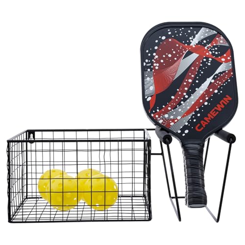 MyGift 16 Inch Wall Mounted Metal Pickleball Paddle Rack and Storage, Hanging Equipment Organizer with Racket Holder and Basket for Balls - color: Black