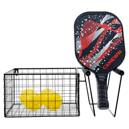 MyGift 16 Inch Wall Mounted Metal Pickleball Paddle Rack and Storage, Hanging Equipment Organizer with Racket Holder and Basket for Balls - color: Black