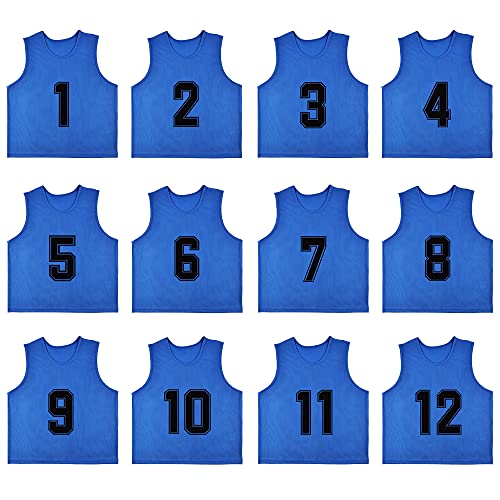12 Pack Numbered（1-12） Scrimmage Vests/Sport Pinnies/Training Bibs For Basketball,Soccer, Volleyball and Baseball - color: Dark Blue1-12, size: Large