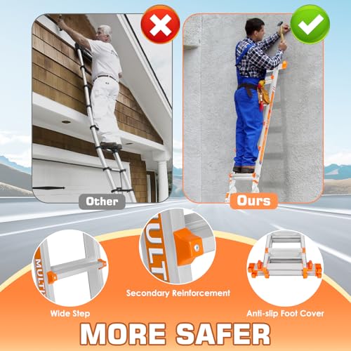 LEVELEVE A Frame 5 Step Ladder, 17FT Extension Ladder with Stabilizer Bar & Wheels,330 lbs Security Load Multi Position Ladder for Stairs Home Indoor Outdoor Roof