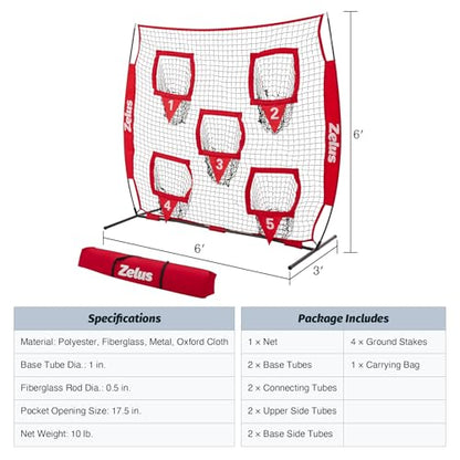 ZELUS Football Throwing Net, Quarterback Training Equipment with 5 Target Pockets, Football Practice Throwing Passing Accuracy Trainer with Carry Bag Ground Stakes for Kids Adults - color: Red, size: 6×6