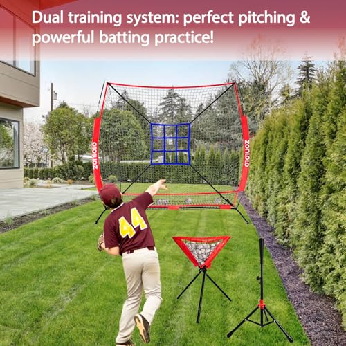 ZONLOLO 6x6ft Portable Baseball & Softball Net for Hitting，Pitching, Batting and Throwing, with Sturdy Bow Frame,Batting Tee, Ball Caddy and Strike Zone, Middel Size, Great for Kids!
