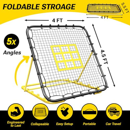 Dimples Excel 4x4.5 FT Professional Baseball Rebounder Net, Pitchback Net with 5 Adjustable Angles for Baseball and Softball Practice, Includes 2 Baseballs, 3 Sandbags and Carry Bag for Solo Training