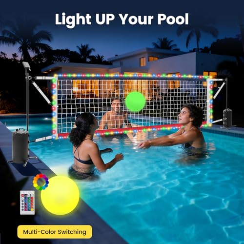 Pool Volleyball Net Set with LED Lights, Adjustable 15-32FT Net for Inground Pools, Volleyball Net with Glow Ball,Weighted Bases, Solar Powered Lights, Outdoor Water Volleyball Games for Family - style: Inground Pool Volleyball Net