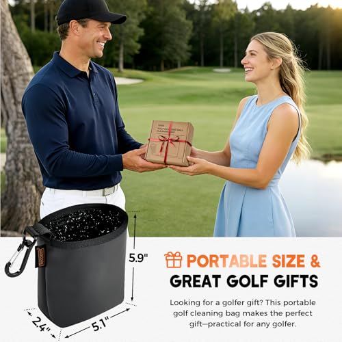 Golf Club and Ball Cleaning Bag with Waterproof Liner, Golf Ball Cleaner Pouch, Cleans Club Grooves and Balls, Detachable Clip, PU Leather Exterior, Golfer Gifts for Men