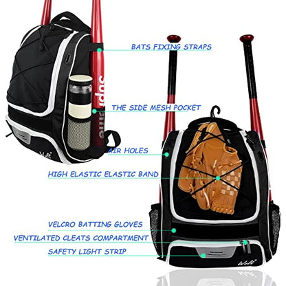 WOLT Youth Baseball Bag - Bat Backpack for Baseball, T-Ball & Softball Equipment & Gear, Bat & Glove Holder, Large Main Compartment for Helmet & accessories, Separate Shoes Compartment, Fence Hook - color: Black