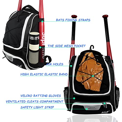 WOLT Youth Baseball Bag - Bat Backpack for Baseball, T-Ball & Softball Equipment & Gear, Bat & Glove Holder, Large Main Compartment for Helmet & accessories, Separate Shoes Compartment, Fence Hook - color: Black