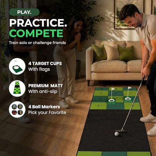 Golf Putting Mat: Indoor Putting Green with 4 Cups and Target Zones - Portable Golf Training Aid and Capture the Cup Putting Game - color: 9ft x 2.5ft Green & Black
