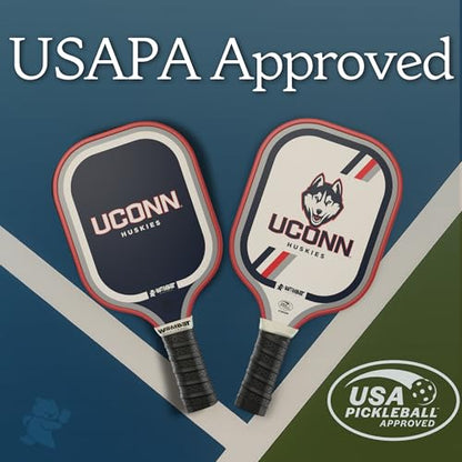 Officially Licensed College Pickleball Racquet - Front & Back Graphics, Micro-Textured Fiberglass Face, 16mm Honeycomb Core, Cold-Press, 8.8 oz, Reinforced Edge Guard
