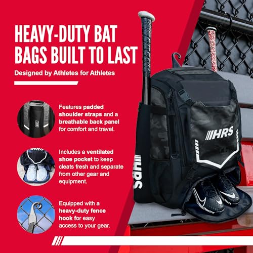 Hit Run Steal Bat Bag Backpack, Holds 4 Bats, Gloves, Helmet, and Cleats, Black Camo