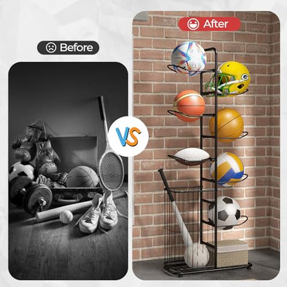 GYMAX Sports Equipment Organizer, Basketball Rack 7-Tier with Removable Hanging Rods, Side Ball Basket, Adjustable Foot Pads, Sports Organizer for Garage, Toy Organizer