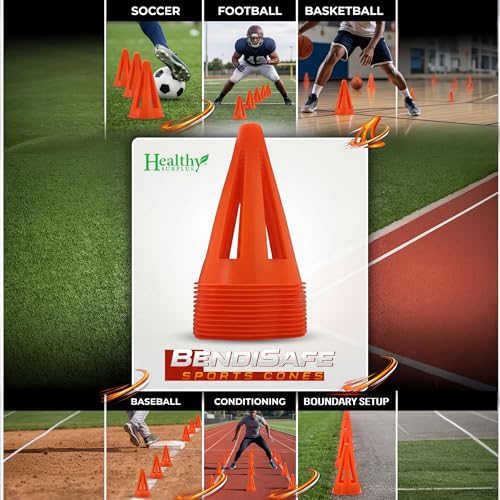 Soccer Training Cones Set of 12 - Flexible Agility Marker Cones for Soccer, Football, Hockey & Basketball Drills - 9” Tall 6” Base - High Visibility Orange Field Marker Cones - Made in USA - BendiSafe