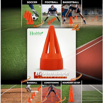 Soccer Training Cones Set of 12 - Flexible Agility Marker Cones for Soccer, Football, Hockey & Basketball Drills - 9” Tall 6” Base - High Visibility Orange Field Marker Cones - Made in USA - BendiSafe