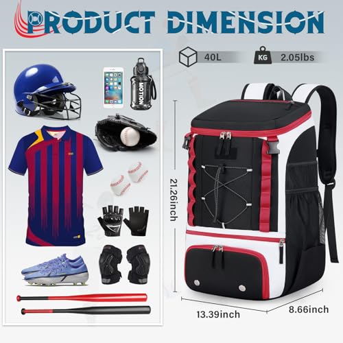 Baseball Bag Lightweight Softball Bags for Adults Youth 40L Large Baseball Backpack with Shoe Compartment, Helmet Holder, Fence Hook Waterproof Softball Bats Bag for T-Ball & Softball Equipment - color: Black & Red