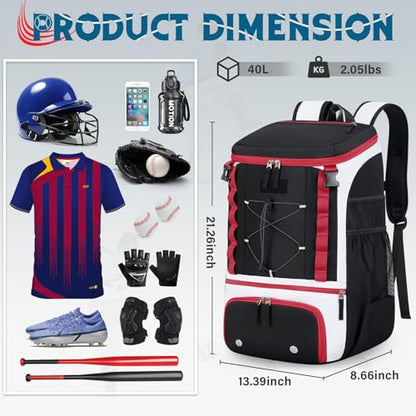 Baseball Bag Lightweight Softball Bags for Adults Youth 40L Large Baseball Backpack with Shoe Compartment, Helmet Holder, Fence Hook Waterproof Softball Bats Bag for T-Ball & Softball Equipment - color: Black & Red