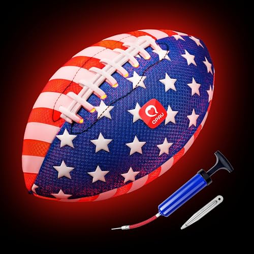 QPAU Glow in the Dark Football – Size 3 for Kids Ages 6-12, Strong Grip Light Up Night Game Ball, Backyard Camping Outdoor Toy, Pump and Batteries Included, Birthday for Boys Girls
