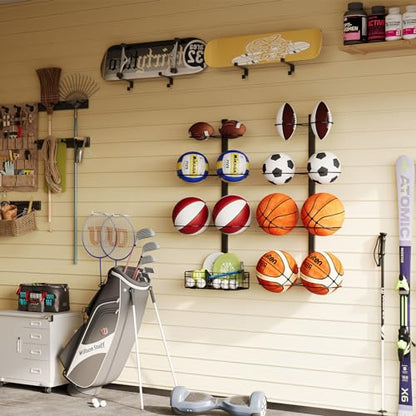 8 Tier Detachable Wall Mounted Basketball Rack,Vertical/Horizontal Football Holder,Holds 14 Balls DIY1/2/3/4 Soccer Stand,Height-Adjustable Ball Rack with Basket for Garage,Tool Room
