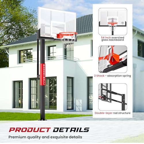 IGL In Ground Basketball Hoops Outdoor, 52-60 Inch Inground Basketball Hoop, 10ft Height Adjustable In Ground Basketball Goal with Shatterproof Backboard & 18 Inch Pro-Style Breakaway Rim - size: 54 in Square