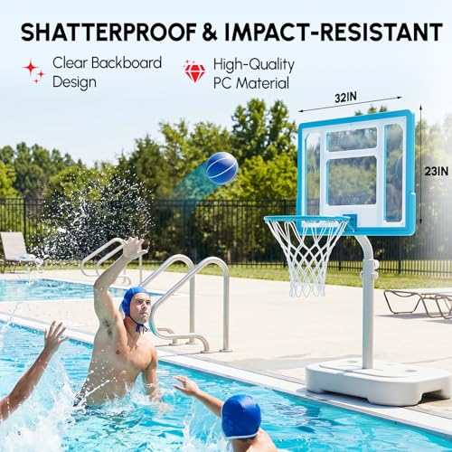 PEXMOR 2.95FT - 3.94FT Adjustable Height Basketball Hoop for Poolside, Shatterproof PC Backboard & Impact Resistant Filling Base, Upgraded Knobs Adjust Height Easily, for Pool Outdoor Teens Adults