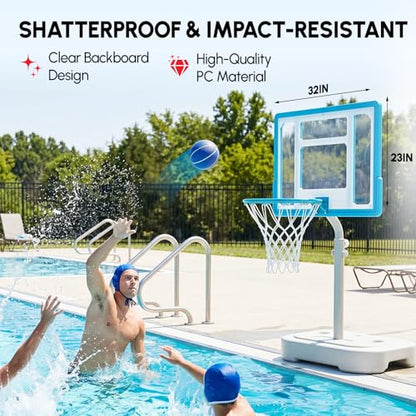 PEXMOR 2.95FT - 3.94FT Adjustable Height Basketball Hoop for Poolside, Shatterproof PC Backboard & Impact Resistant Filling Base, Upgraded Knobs Adjust Height Easily, for Pool Outdoor Teens Adults