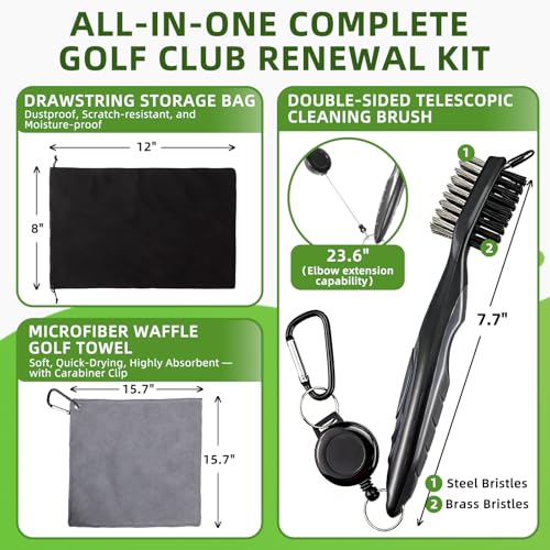 Pro Golf Club Cleaning Kit – Cleaner, Polish, Grip Cleaner, Brush, Towel & Bag | Restores Irons & Drivers, Removes Rust & Scratches, Renews Grip | Golf Gifts for Men