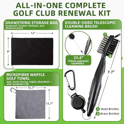 Pro Golf Club Cleaning Kit – Cleaner, Polish, Grip Cleaner, Brush, Towel & Bag | Restores Irons & Drivers, Removes Rust & Scratches, Renews Grip | Golf Gifts for Men