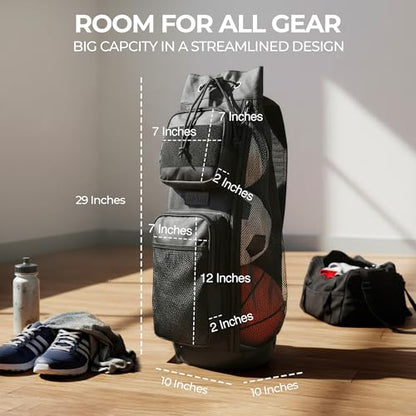 Fitdom 47L Heavy Duty Mesh Equipment Ball Bag w/Adjustable Padded Sling Shoulder Strap Design for Coach. 3 Different Size Compartments. Perfect for Soccer Football Volleyball Basketball & Water Sports