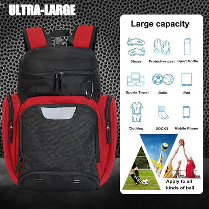LARIPOP Basketball Backpack with Ball & Ventilated Shoe Compartment Insulated Pockets for Men Youth Training - color: red