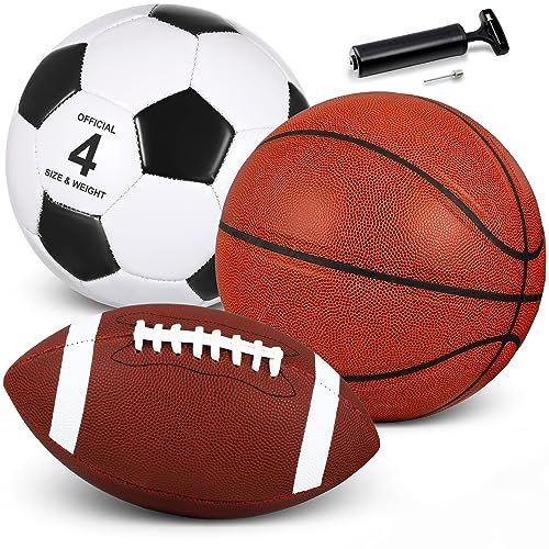 Libima 3 Pcs Sports Ball Set for Kids Teens Include Official Size Basketball Soccer Football with Pump and Carry Bag Training Practice Sport Back to School Gift