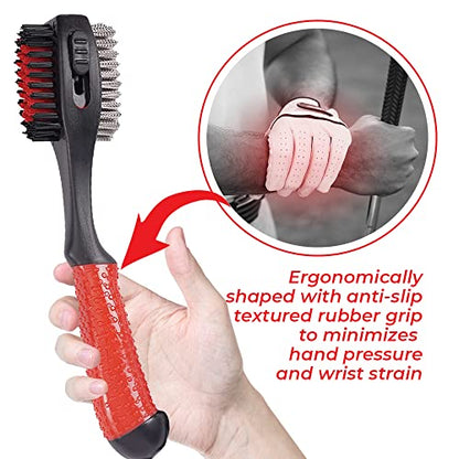 Retractable Golf Club Brush | Oversize Double Brush & Ergonomic Grip & Retractable Groove Cleaner & Lanyard - color: Red