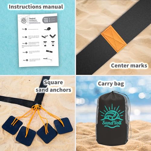 Beach Volleyball Lines + Outdoor Ball – Includes Sand Anchors, Air Pump, Marker, and Carry Bag. Official Court Size Dimensions (26.3' x 52.6')