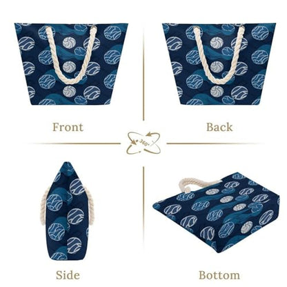 Blue Volleyball Handbag Large Capacity,Beach Bags with Hemp Rope Handles,Shoulder Bag with Zipper Compartments for Travel, Work, Gym