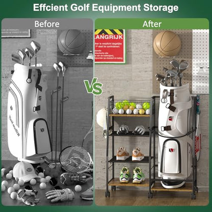 DAOUTIME Golf Bag Garage Storage Rack with Wheels, Organizer for Single Golf Bag and Equipment Accessories, Ideal for Home, Garage, Club, Shed, Basement - Sturdy Wood and Metal Construction (Black)