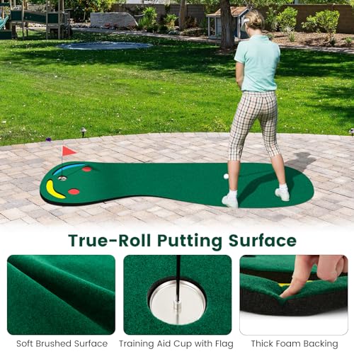 GYMAX Putting Green, 10 x 3 ft Par Three Putting Mat Set with 3 Putting Cups, 1 Flag and Golf Hole Covers, Putting Green Mat for Golf Training Practice Indoor/Outdoor, Garage, Backyard, Office