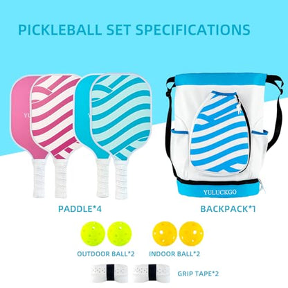 Pickleball Paddles Set of 4 Fiberglass Pickleball Racket, 4 Outdoor/Indoor Balls|Pair of Grip Tapes|1 Portable Carry Bag Set Gift for Men Women Beginners