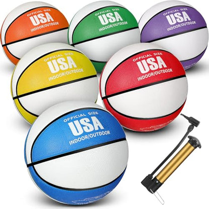 Libima 6 Pcs Official Basketball Indoor Outdoor 2 Color Printed Rubber Basketball with Pump for Game Practice Training Back to School